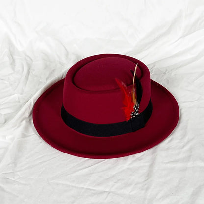 NEW Vintage Pork Pie Hat Men's Rolled Brim Felt Fedora Hat with Feather Gentleman Church Cap Trilby Jazz Hats