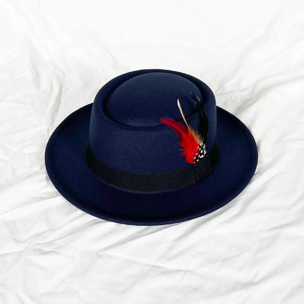 NEW Vintage Pork Pie Hat Men's Rolled Brim Felt Fedora Hat with Feather Gentleman Church Cap Trilby Jazz Hats
