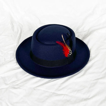 NEW Vintage Pork Pie Hat Men's Rolled Brim Felt Fedora Hat with Feather Gentleman Church Cap Trilby Jazz Hats