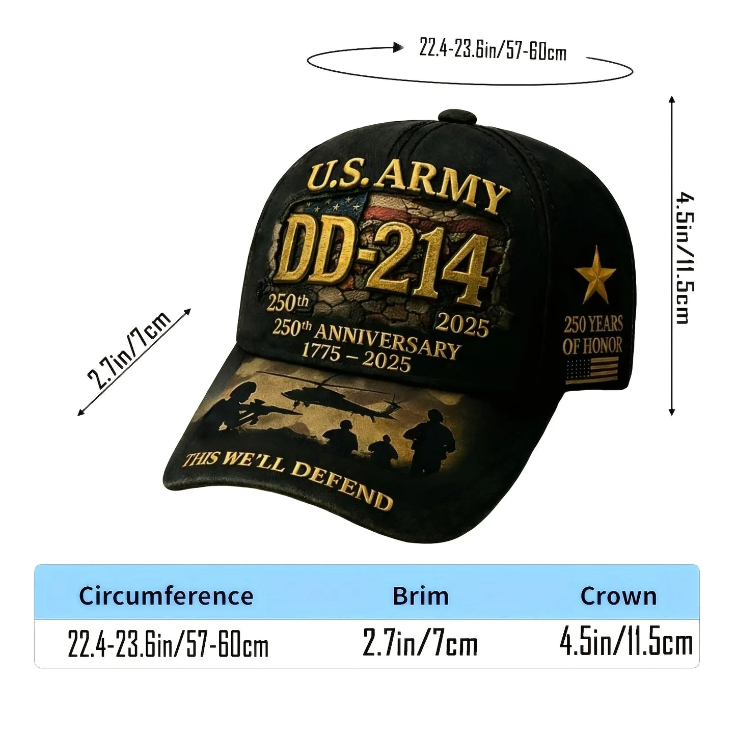 Adjustable Baseball Cap Celebrating The 250Th Anniversary of The U.S. Army, Showcasing The Motto 'This We'Ll Defend' Along