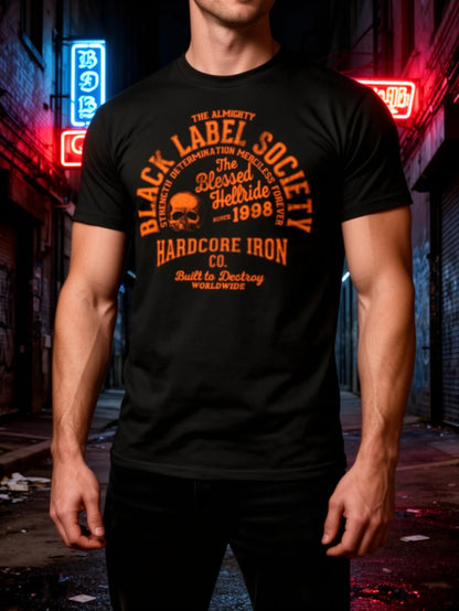Men's Society Hardcore Hell Tour Graphic T-Shirt- Official BLS Logo and Skull Print Crew Neck Casual Band T-shirt