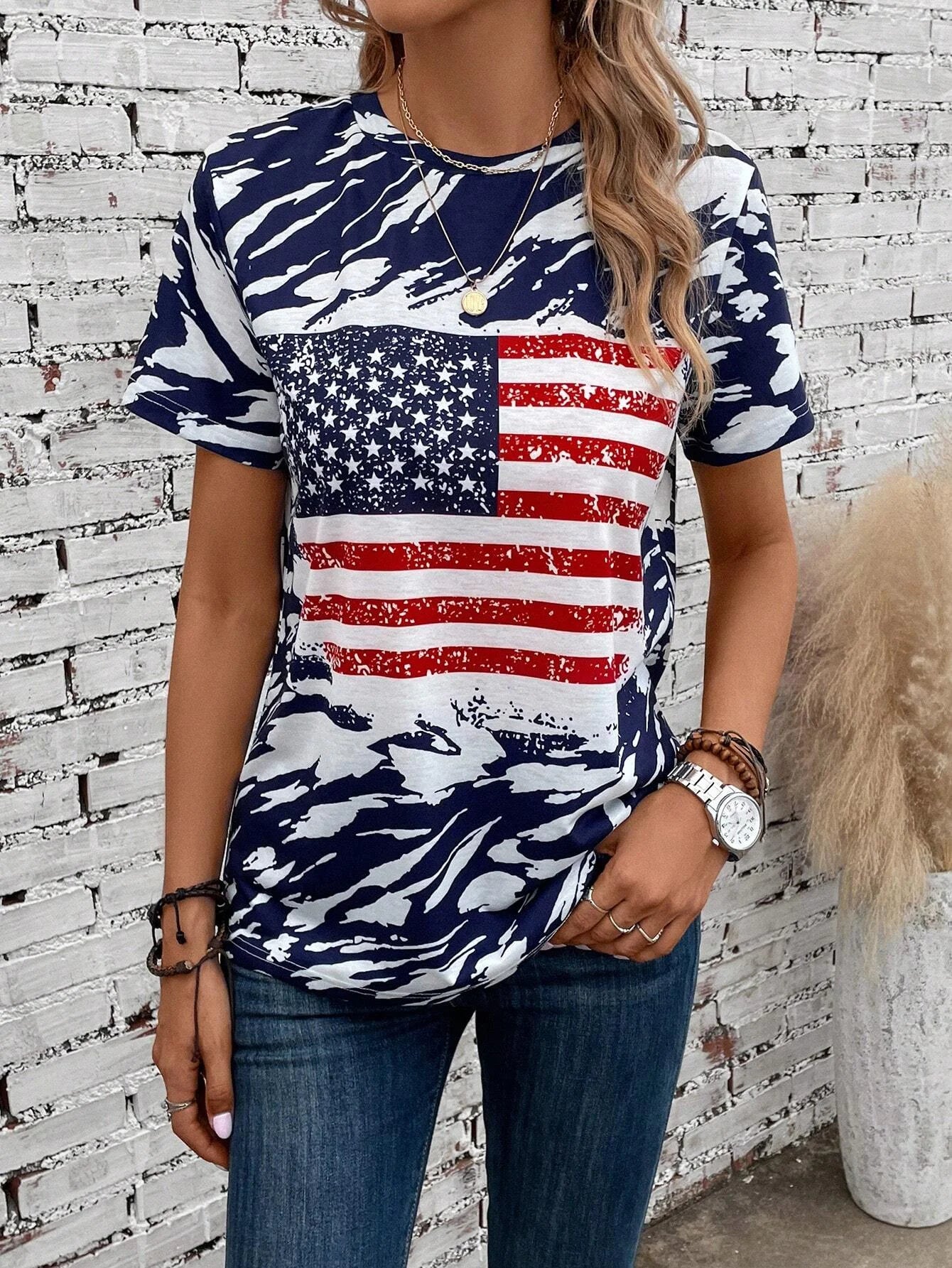 Women’s American Flag 3D Print T-Shirt – Effortless Y2K Streetwear