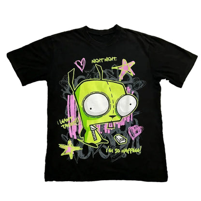 Vintage Invader Zim Cartoon Print Short Sleeve T-Shirt Retro Unisex Graphic Tee 90s Nostalgia Summer Streetwear Y2K Tee Top