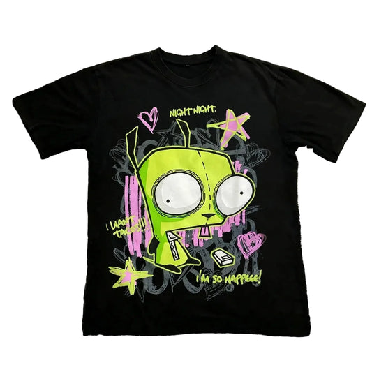 Vintage Invader Zim Cartoon Print Short Sleeve T-Shirt Retro Unisex Graphic Tee 90s Nostalgia Summer Streetwear Y2K Tee Top