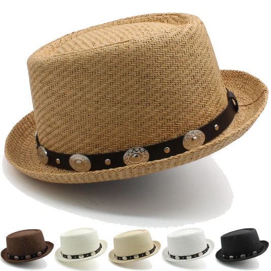 Men Women Straw Pork Pie Hats Summer Sunhat Boater Caps Sailor Sombrero Beach Fedora Trilby Outdoor Travel US Size 7 1/4 UK L