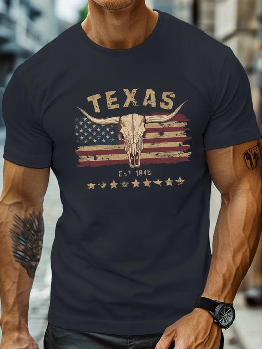 Men's summer fashionable casual loose Texas longhorn cow skull pattern printed round neck short sleeved T-shirt