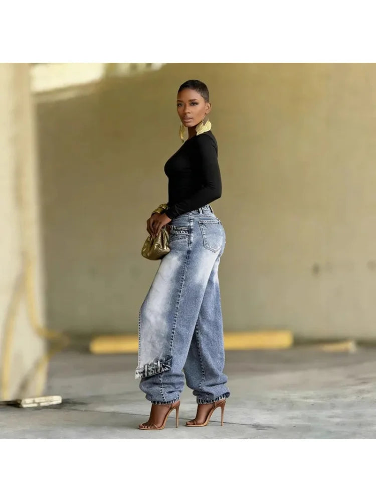 Ethnic Print Wide Leg Jeans – Asymmetric High Waist Denim