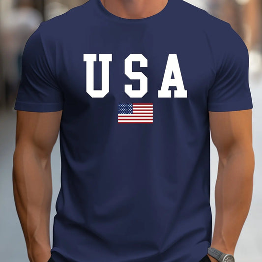 T-Shirt Men USA Print 100% Cotton Summer Casual Short Sleeve Round Neck Top