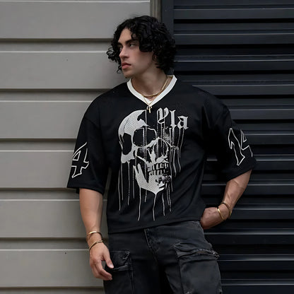 Men’s Skull Print V-Neck Tee – Urban Hip-Hop Edge