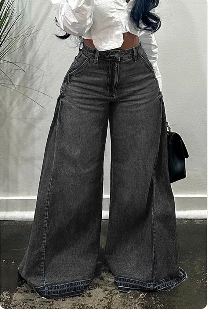 European American New Fashion Women's Spliced Casual Trendy Loose Wide Leg Flare Denim Trousers Female Streetwear Jeans Pants
