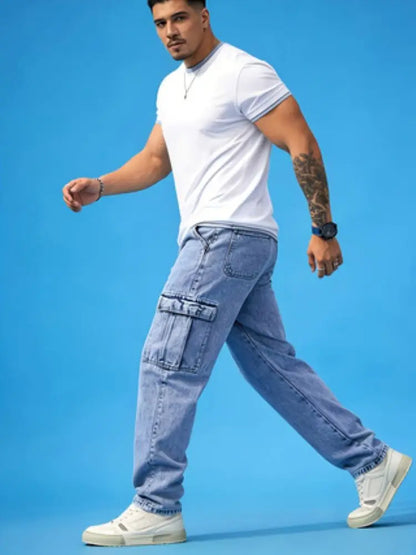 Men's Classic Multi-Pocket Jeans - Casual Street Style Regular Fit, Machine Washable, All-Season Wear, Light Blue Jeans
