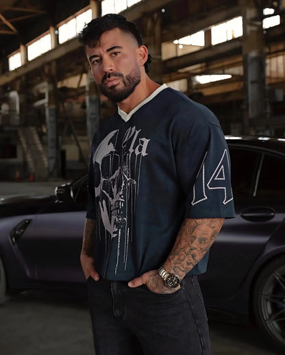 Men’s Skull Print V-Neck Tee – Urban Hip-Hop Edge