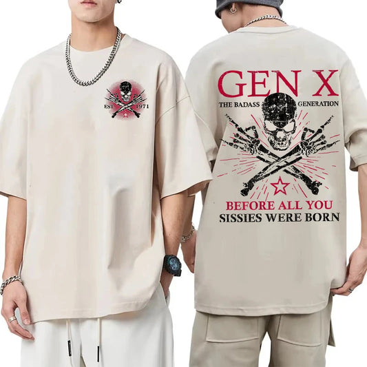 1971 Year Fun Gen X The Badass Generation Raised By Skulls Streetwear Men Women Short Sleeve Vintage Generation X T-shirts | Black | Yellow | Red