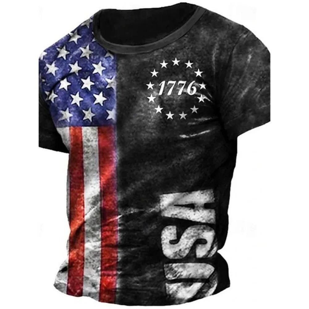 Men’s 3D Skull Flag Print T-Shirt – Bold Patriotic Edge