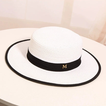Women's Summer Travel Beach Jazz Hat Seaside Sunshade Sun Protection Straw Hat Flat Top British Hat Straw Woven