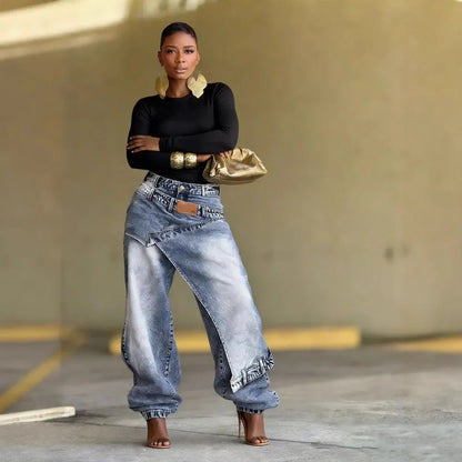Ethnic Print Wide Leg Jeans – Asymmetric High Waist Denim