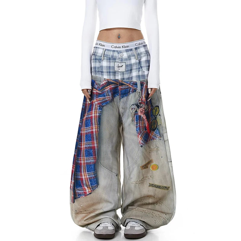 American Waed Plaid Print Denim Pants Women Summer Hip Hop Street Fake Two-Piece Wide Leg Casual Pants Casual Straight Leg