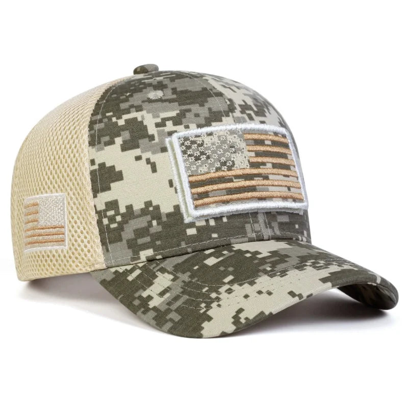 USA Flag Embroidered Camo Baseball Cap – Rugged Patriotism