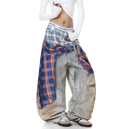 American Waed Plaid Print Denim Pants Women Summer Hip Hop Street Fake Two-Piece Wide Leg Casual Pants Casual Straight Leg