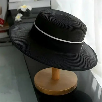 Women's Summer Travel Beach Jazz Hat Seaside Sunshade Sun Protection Straw Hat Flat Top British Hat Straw Woven