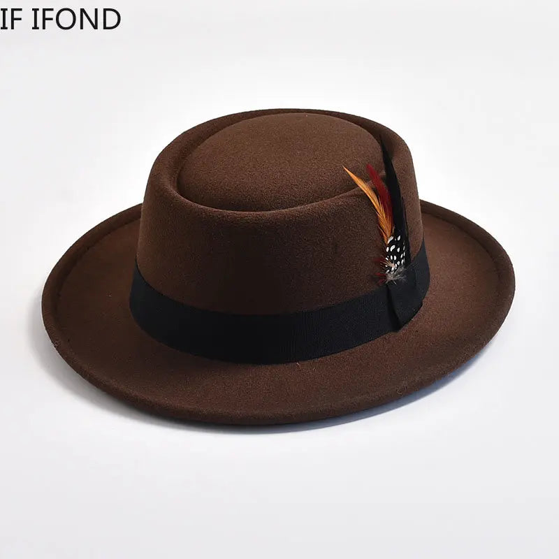 NEW Vintage Pork Pie Hat Men's Rolled Brim Felt Fedora Hat with Feather Gentleman Church Cap Trilby Jazz Hats