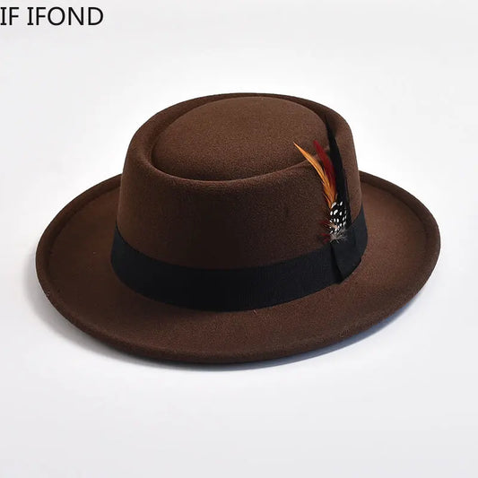 NEW Vintage Pork Pie Hat Mens Rolled Brim Felt Fedora Hat with Feather Gentleman Church Cap Trilby Jazz Hats