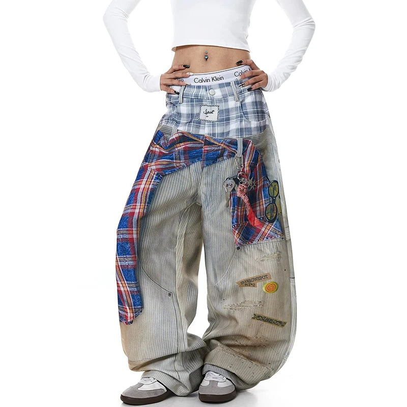 American Waed Plaid Print Denim Pants Women Summer Hip Hop Street Fake Two-Piece Wide Leg Casual Pants Casual Straight Leg