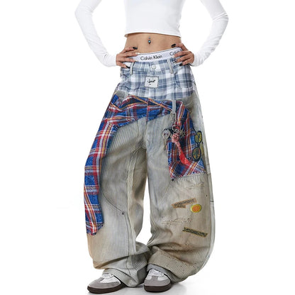 American Waed Plaid Print Denim Pants Women Summer Hip Hop Street Fake Two-Piece Wide Leg Casual Pants Casual Straight Leg