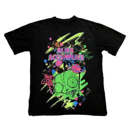 Vintage Invader Zim Cartoon Print Short Sleeve T-Shirt Retro Unisex Graphic Tee 90s Nostalgia Summer Streetwear Y2K Tee Top