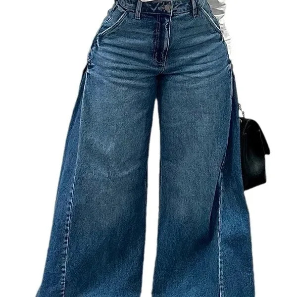 European American New Fashion Women's Spliced Casual Trendy Loose Wide Leg Flare Denim Trousers Female Streetwear Jeans Pants
