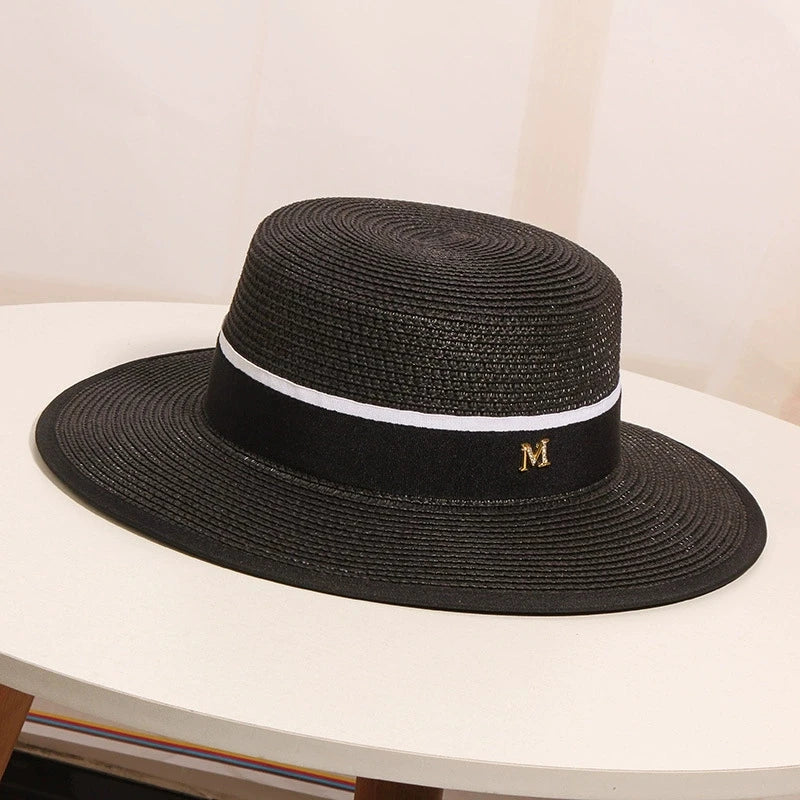 Women's Summer Travel Beach Jazz Hat Seaside Sunshade Sun Protection Straw Hat Flat Top British Hat Straw Woven