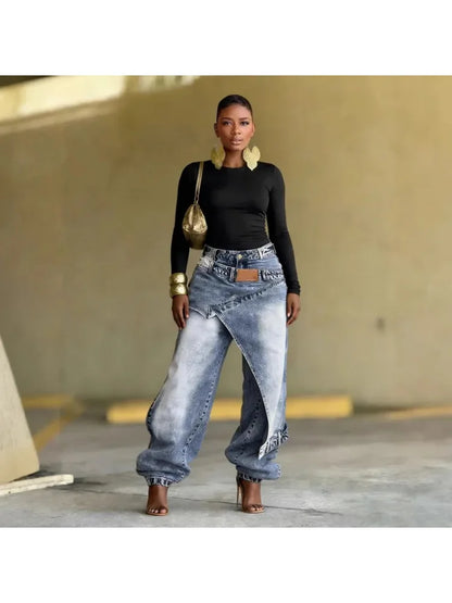 Ethnic Print Wide Leg Jeans – Asymmetric High Waist Denim