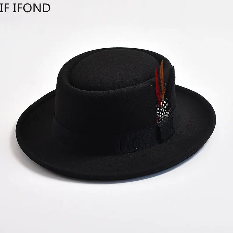 NEW Vintage Pork Pie Hat Men's Rolled Brim Felt Fedora Hat with Feather Gentleman Church Cap Trilby Jazz Hats