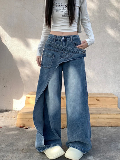 Wide Leg Jeans with Asymmetric Overlay | Iron Planet Studio
