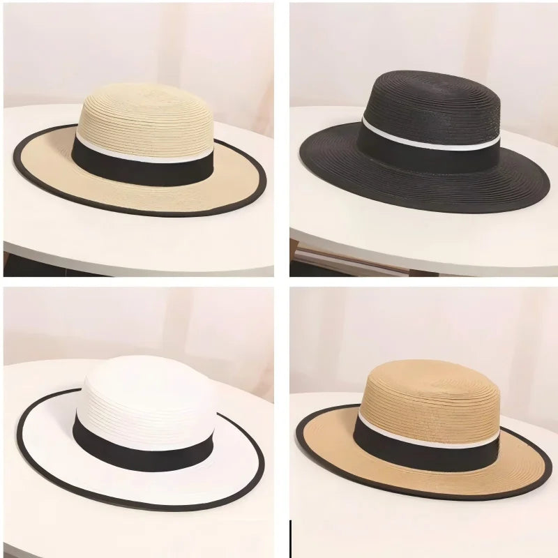 Women's Summer Travel Beach Jazz Hat Seaside Sunshade Sun Protection Straw Hat Flat Top British Hat Straw Woven