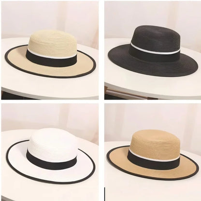 Women's Summer Travel Beach Jazz Hat Seaside Sunshade Sun Protection Straw Hat Flat Top British Hat Straw Woven