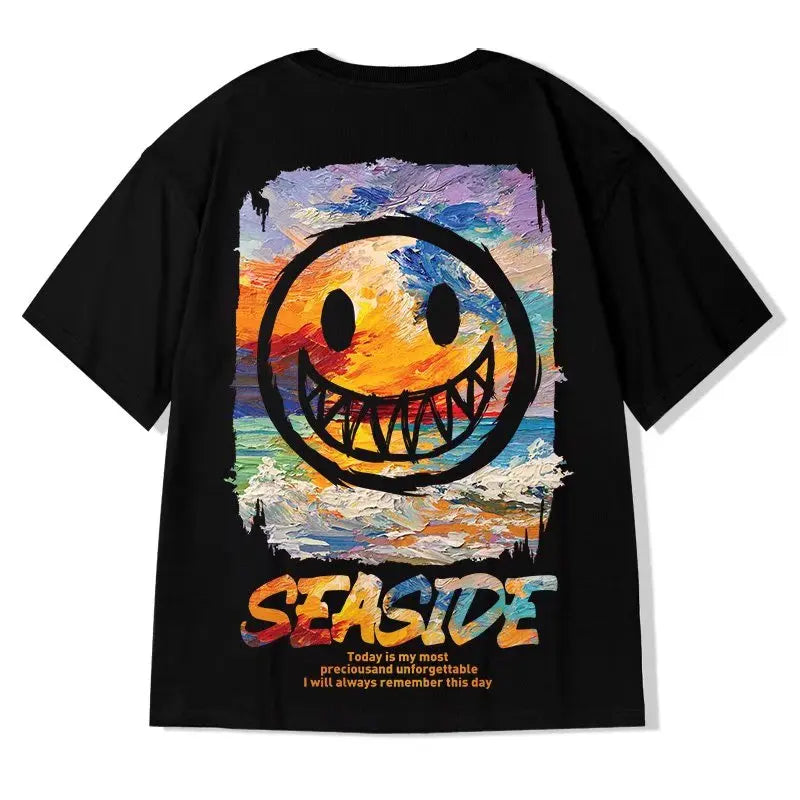 8XL Loose Fitting Trend American Vintage Graffiti Expressi Pattern Print T-shirt with Soft Casual Men Versatile Couple Outfit