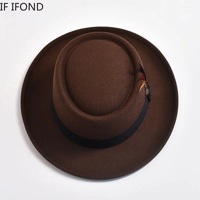 NEW Vintage Pork Pie Hat Men's Rolled Brim Felt Fedora Hat with Feather Gentleman Church Cap Trilby Jazz Hats