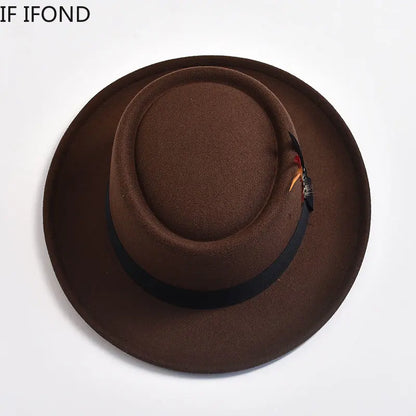 NEW Vintage Pork Pie Hat Men's Rolled Brim Felt Fedora Hat with Feather Gentleman Church Cap Trilby Jazz Hats