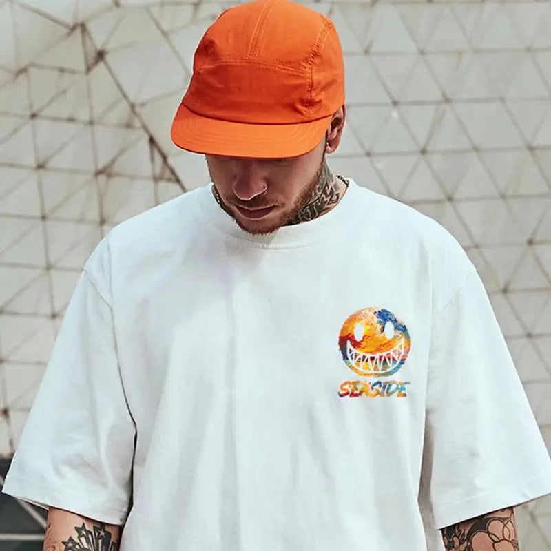 8XL Loose Fitting Trend American Vintage Graffiti Expressi Pattern Print T-shirt with Soft Casual Men Versatile Couple Outfit