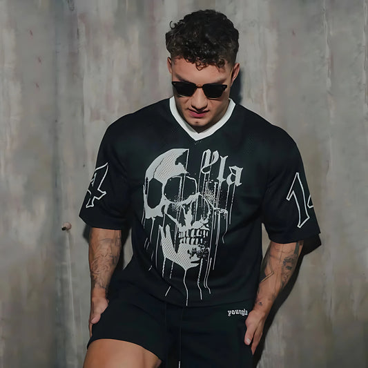 Men's Skull Print Hip-Hop V-Neck T-Shirt – Breathable Summer Tee