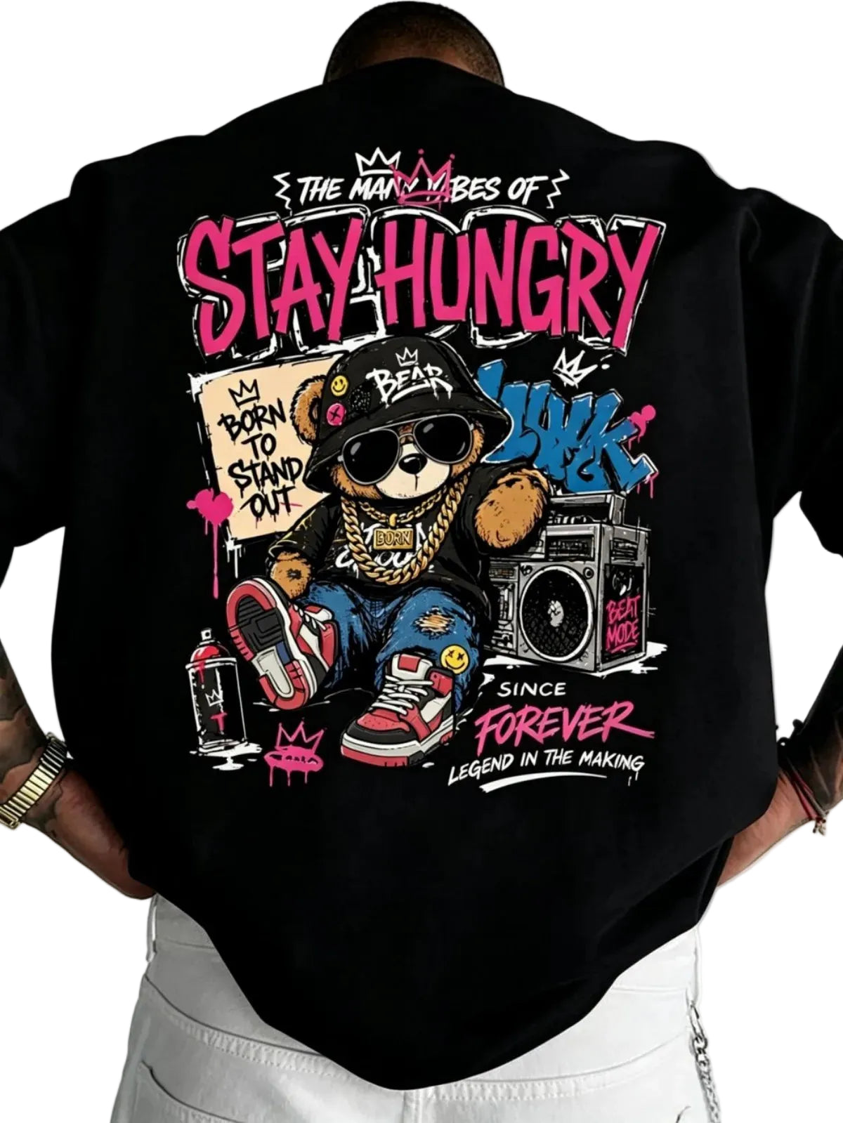 Stay Hungry Bear T-shirt – Streetwear Graffiti Print