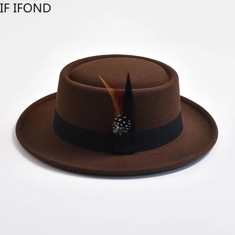 NEW Vintage Pork Pie Hat Men's Rolled Brim Felt Fedora Hat with Feather Gentleman Church Cap Trilby Jazz Hats