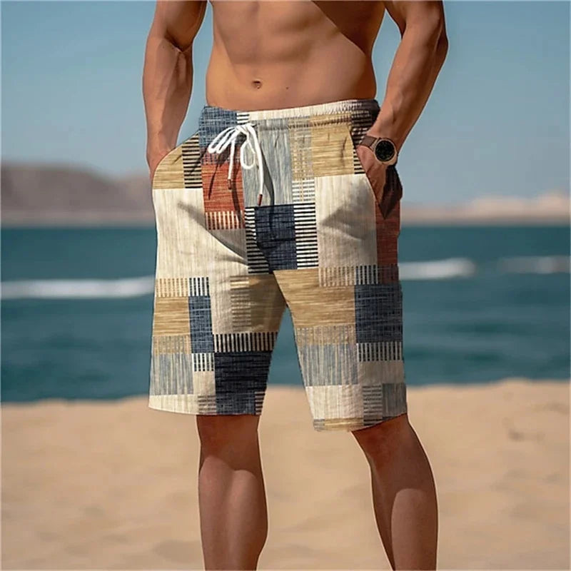 Square Splicing Beach Shorts – Vibrant 3D Print Summer Style