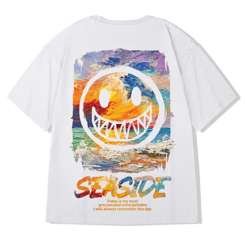 8XL Loose Fitting Trend American Vintage Graffiti Expressi Pattern Print T-shirt with Soft Casual Men Versatile Couple Outfit