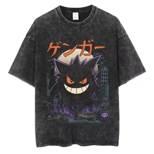 Vintage Washed Ghost Type Pokemon Inspired Gengar Urban Kaiju Print 100% Cotton Crewneck Casual Oversized Streetwear T-Shirt