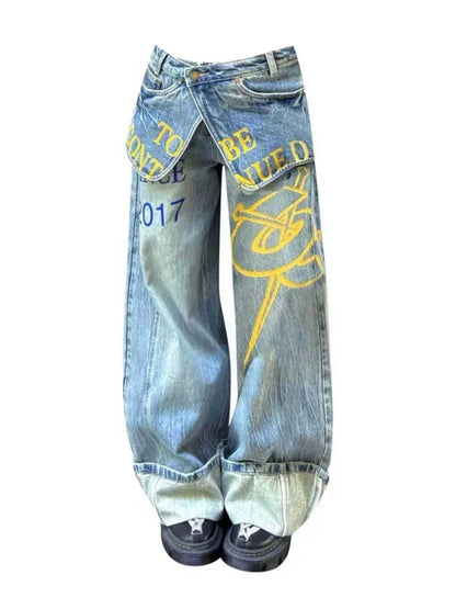 Women's Baggy Jean Designer American Retro Harajuku Grunge Graffiti Wide Fit Jeans Y2k Japanese Denim Pants Fake Two Pieces New
