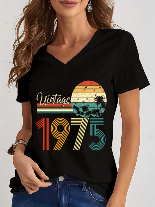 1975 Vintage Graphic T-Shirt | Women's Retro V-Neck Tee