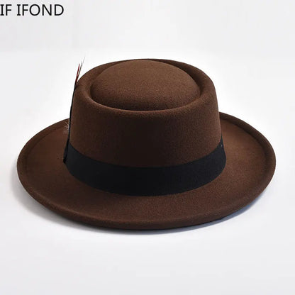 NEW Vintage Pork Pie Hat Men's Rolled Brim Felt Fedora Hat with Feather Gentleman Church Cap Trilby Jazz Hats