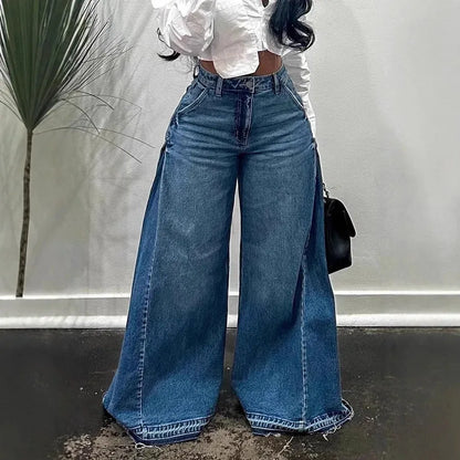 European American New Fashion Women's Spliced Casual Trendy Loose Wide Leg Flare Denim Trousers Female Streetwear Jeans Pants